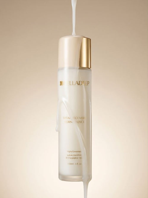 CELLADEEP Vital Recovery PDRN Essence bottle with milky essence poured over it